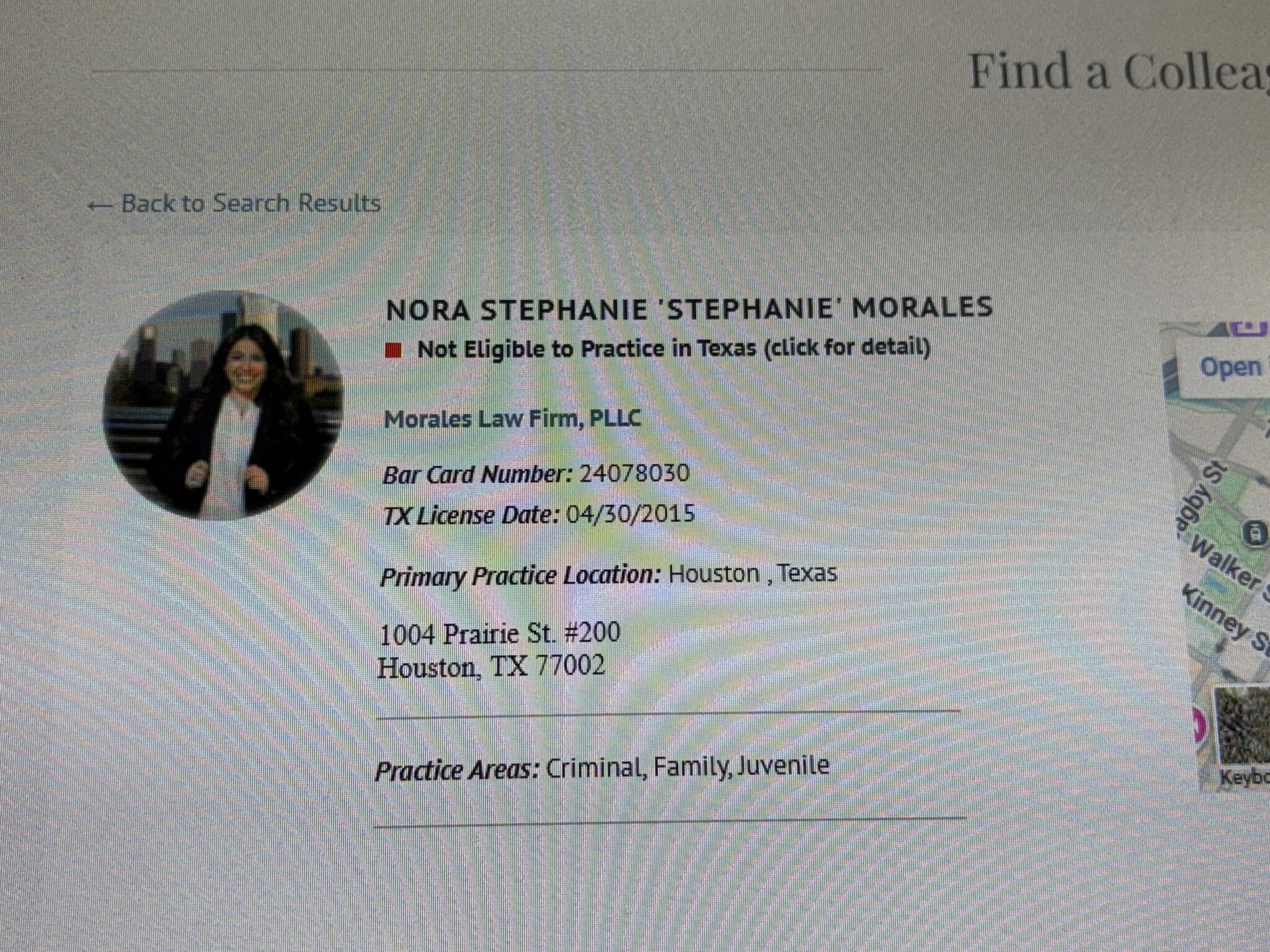 State Bar of Texas profile for Nora Stephanie Morales showing Not Eligible to Practice in Texas